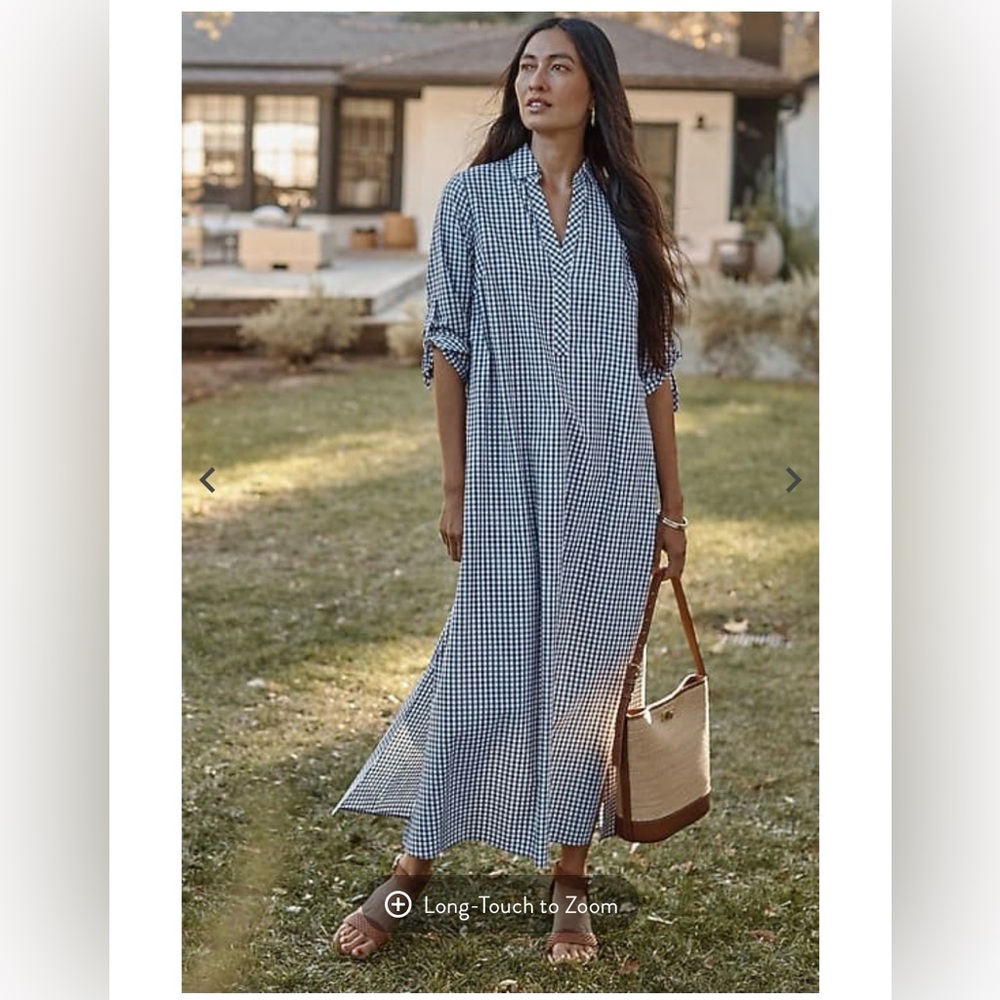 J. Jill Blue and White Gingham Long-Sleeve Shirt Dress